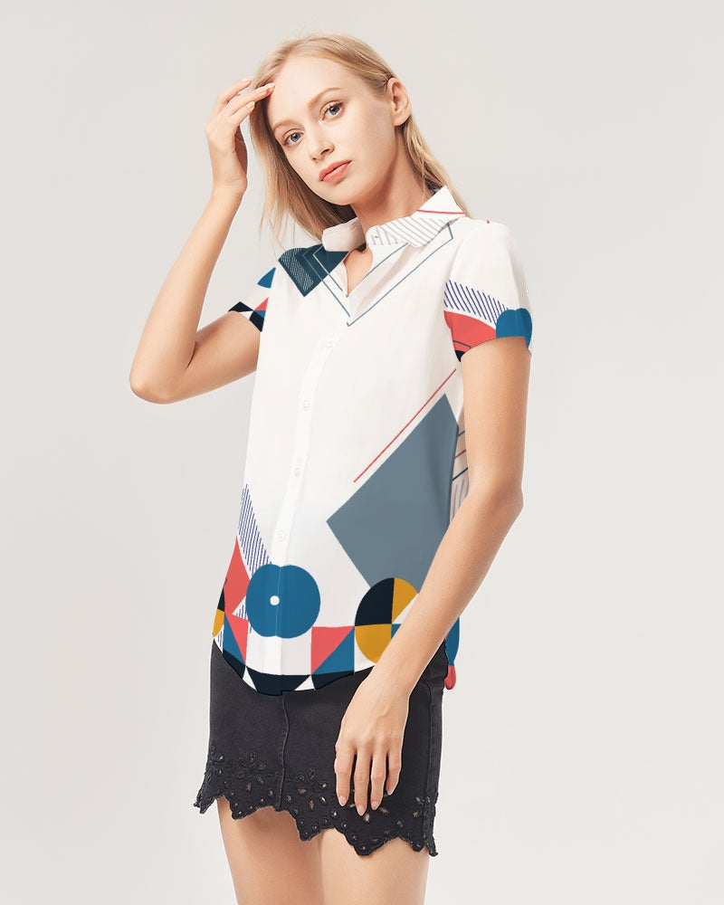 Peaches Women's All-Over Print Short Sleeve Button Up
