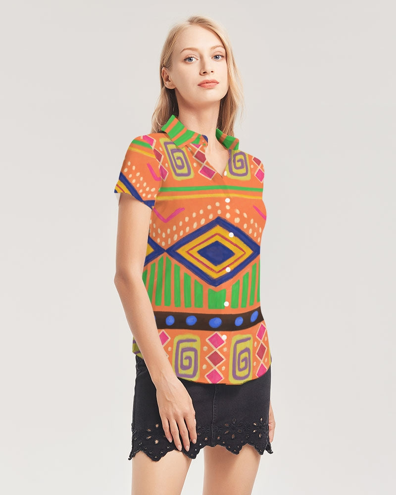 Urban Traditional Culture  Women's All-Over Print Short Sleeve Button Up