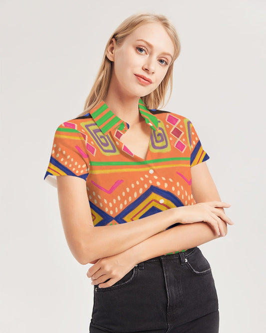 Urban Traditional Culture  Women's All-Over Print Short Sleeve Button Up