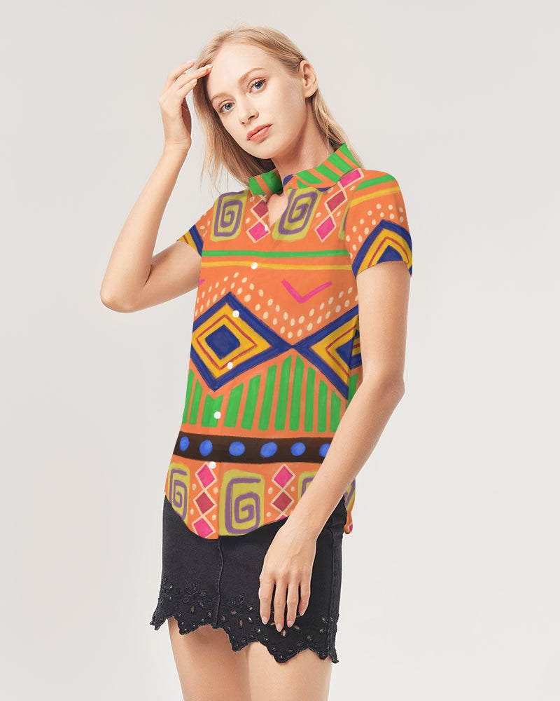 Urban Traditional Culture  Women's All-Over Print Short Sleeve Button Up