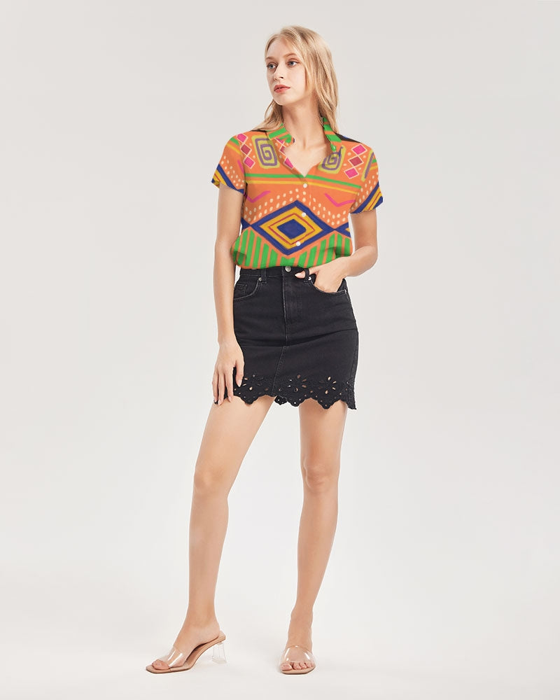 Urban Traditional Culture  Women's All-Over Print Short Sleeve Button Up