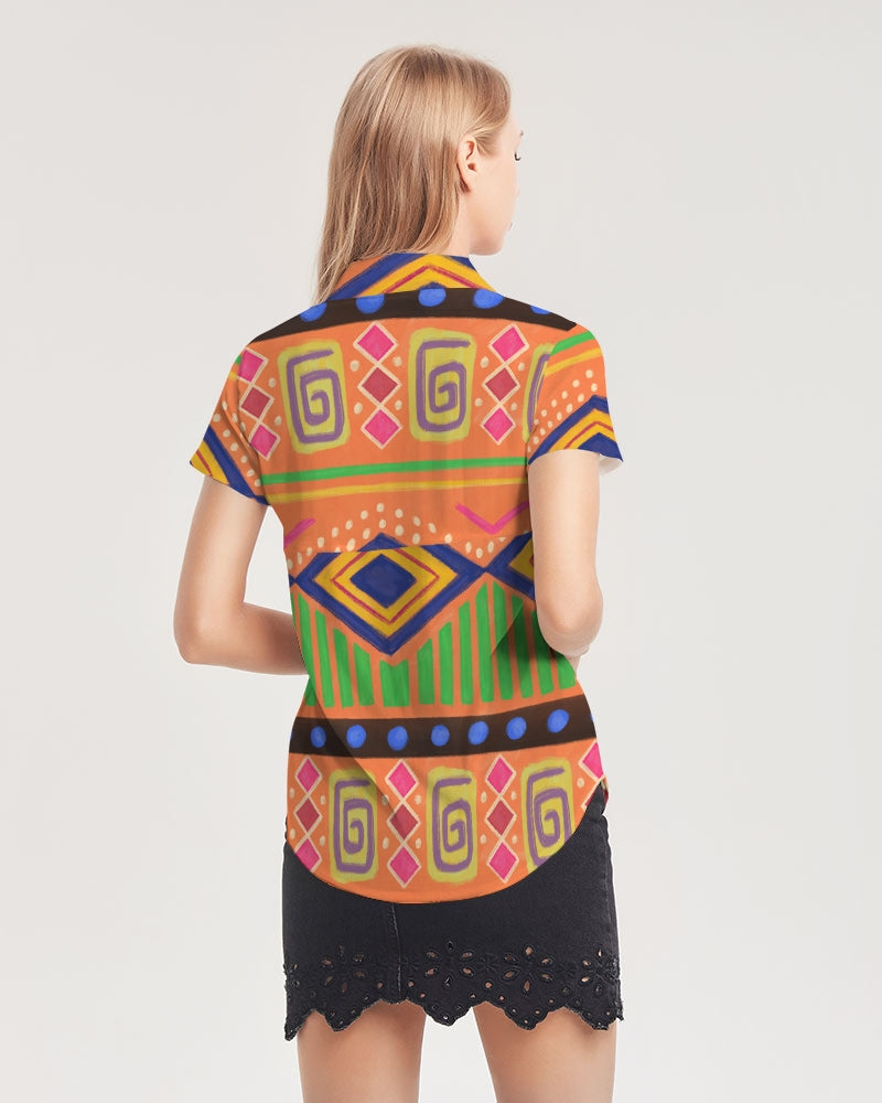 Urban Traditional Culture  Women's All-Over Print Short Sleeve Button Up