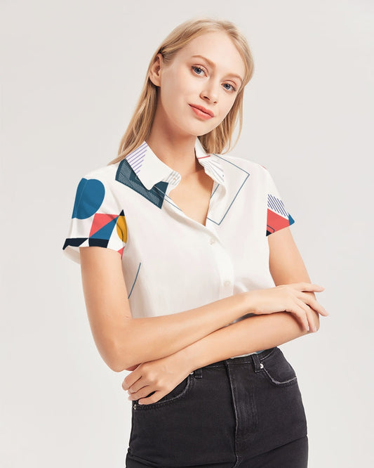 Peaches Women's All-Over Print Short Sleeve Button Up